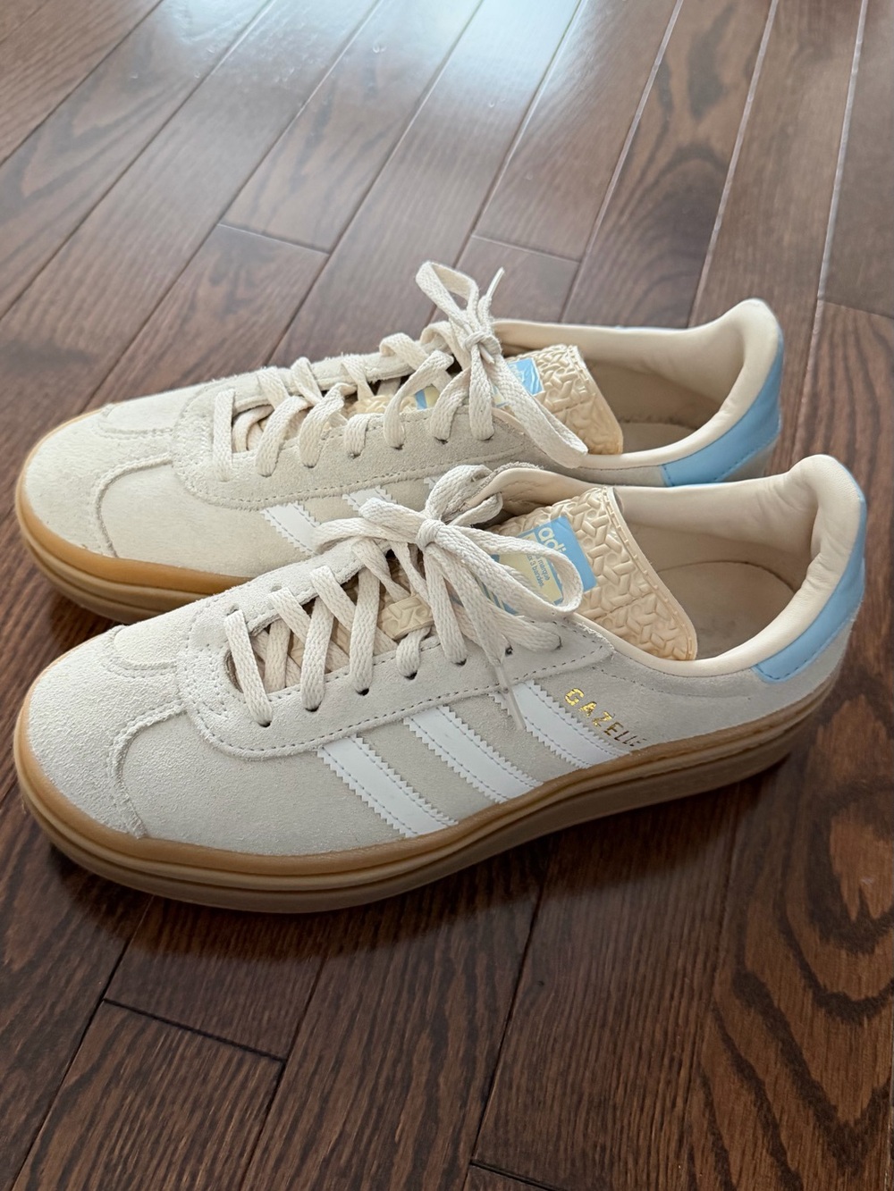 adidas women’s Cream Gazelle Sneakers with Light Blue Heel